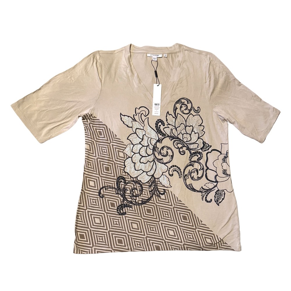 Chicos Womens V-Neck Floral Geometric Beaded Graphic Tee Beige Size 0.5 M Med